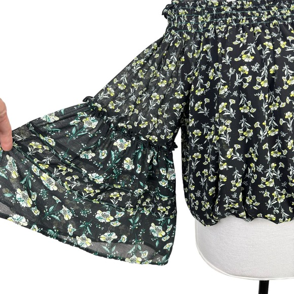 Free People Black Rose Valley Floral Off The Shoulder Cottagecore Peasant Blouse - Picture 9 of 14